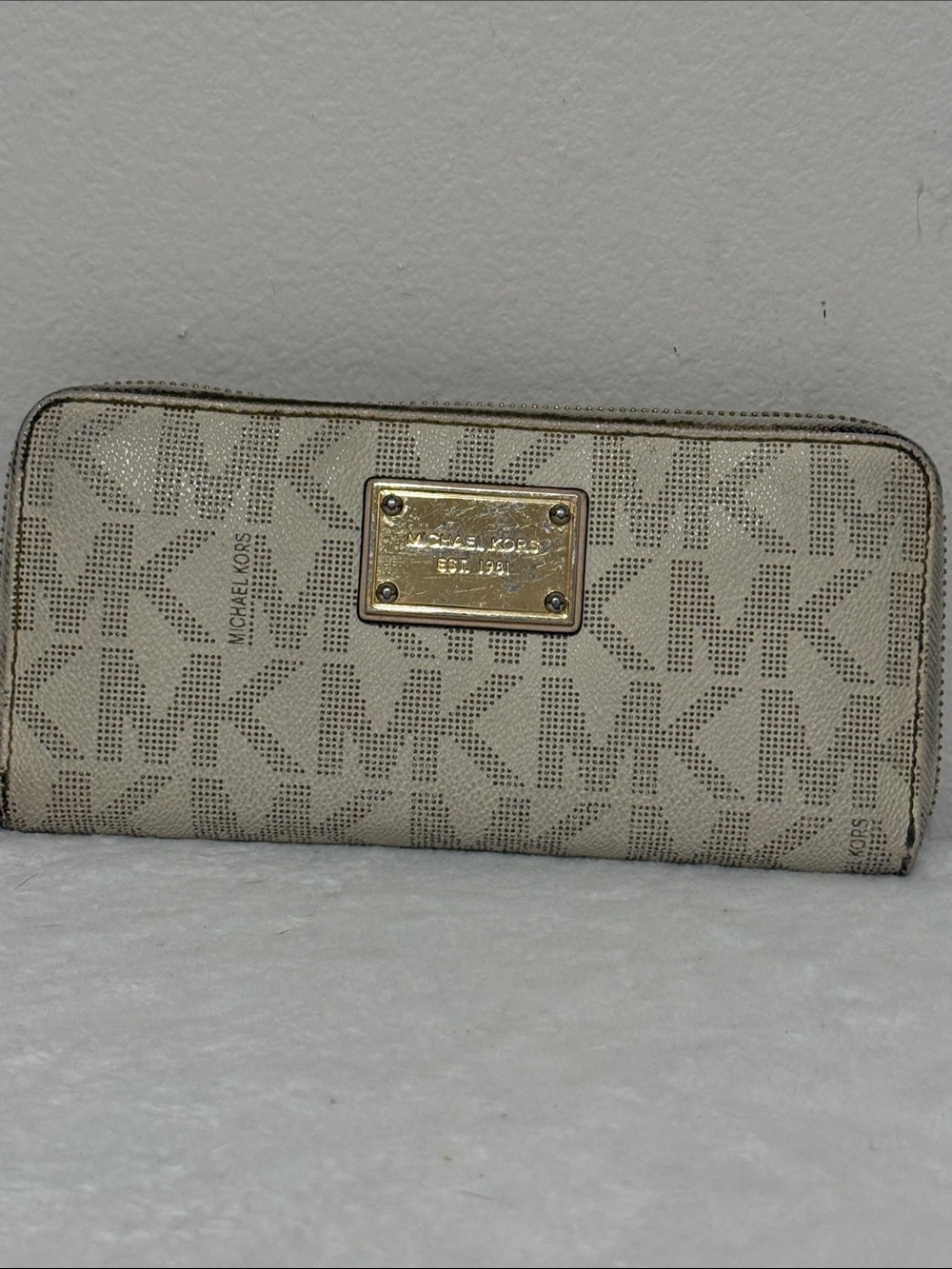 Michael Kors Beige MK Logo Zip Wallet with Gold Plaque